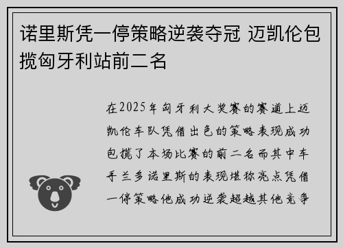 诺里斯凭一停策略逆袭夺冠 迈凯伦包揽匈牙利站前二名